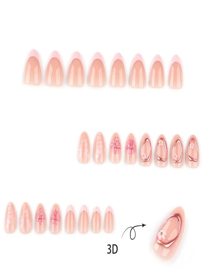 CTTHNBD Short Press on Nails Almond Fake Nails with 3D Flower Design Glue on Nails French Tip Gold Circle Glossy Full Cover Stick on Nails Elegant Acrylic Nails for Women 24 Pcs - Image 4